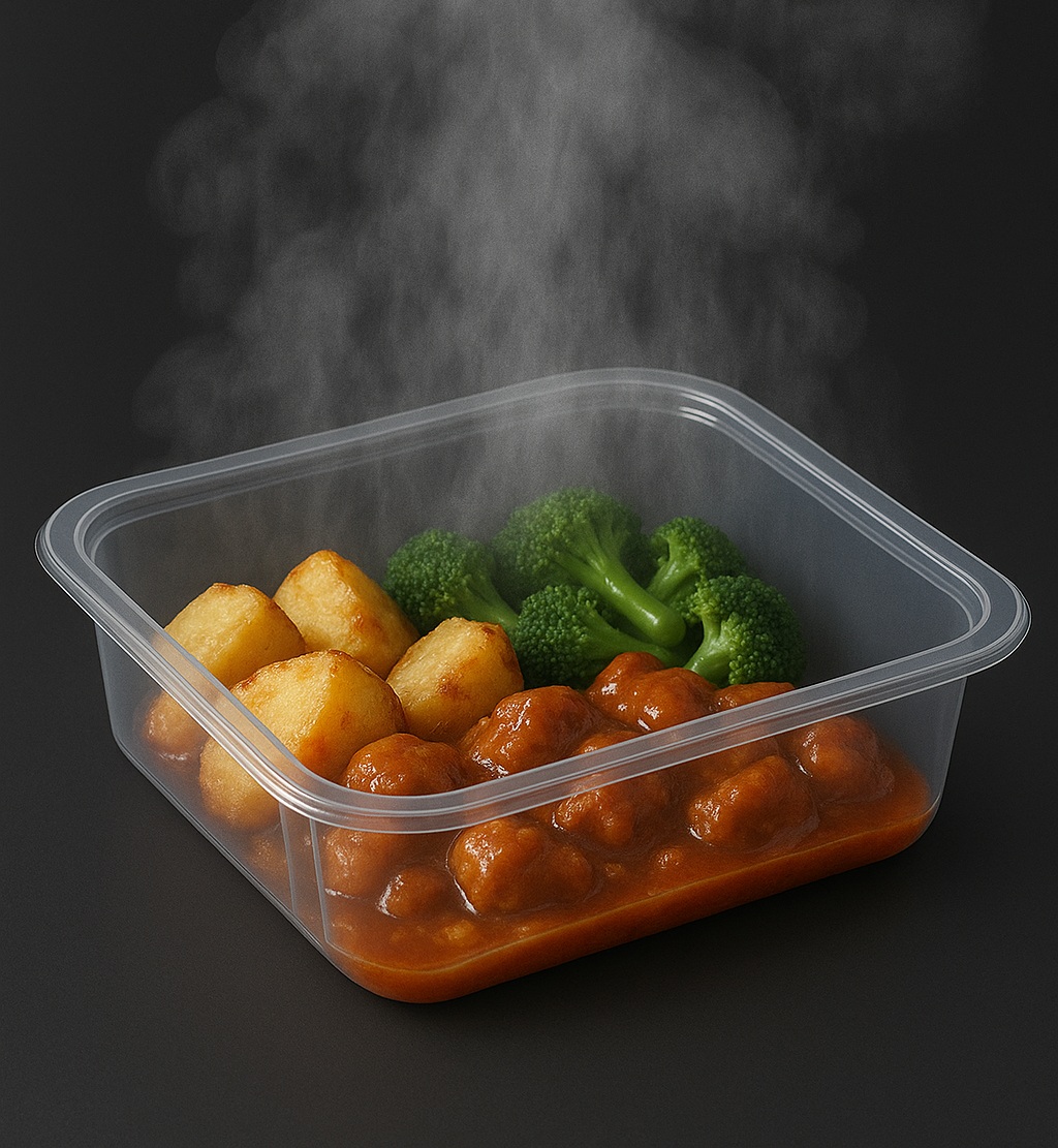 TPET tray with hot food